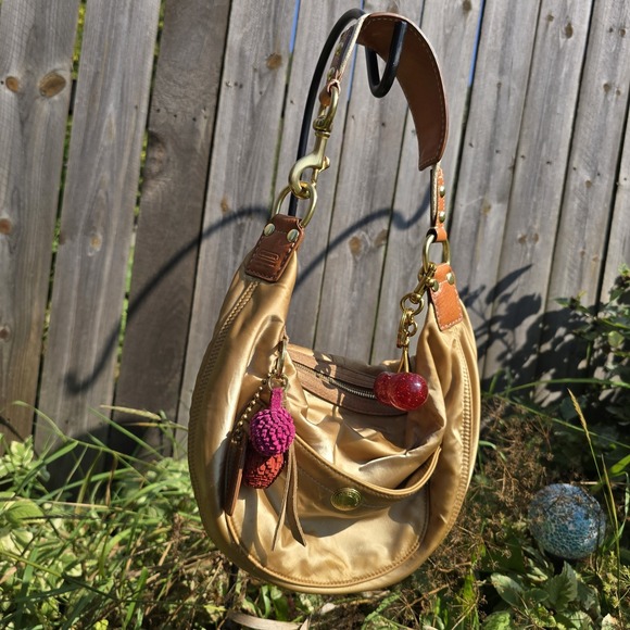 COACH Vtg Y2K Hampton Gold Satin Hobo Shoulder Purse Style 8F21 Pom Pom Charm - Picture 1 of 11